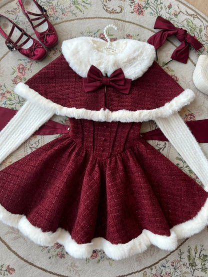 Enticing Jewel Neck Long Sleeve 3-Piece Set Mini Skirt Christmas-Inspired A-Line Fur Trim Bow Red Short Dress AP4083