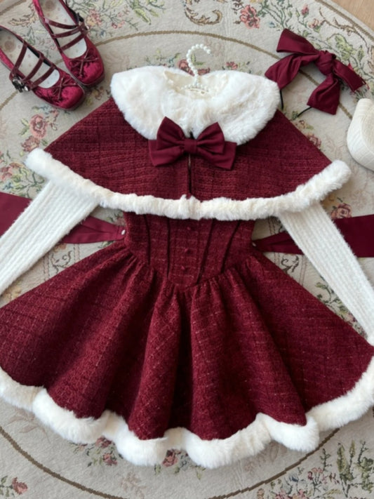 Enticing Jewel Neck Long Sleeve 3-Piece Set Mini Skirt Christmas-Inspired A-Line Fur Trim Bow Red Short Dress AP4083