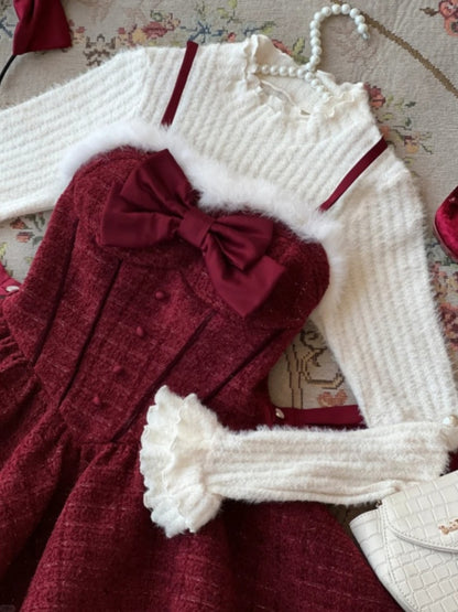 Enticing Jewel Neck Long Sleeve 3-Piece Set Mini Skirt Christmas-Inspired A-Line Fur Trim Bow Red Short Dress AP4083