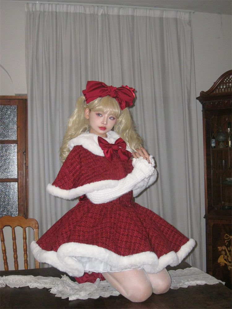 Enticing Jewel Neck Long Sleeve 3-Piece Set Mini Skirt Christmas-Inspired A-Line Fur Trim Bow Red Short Dress AP4083