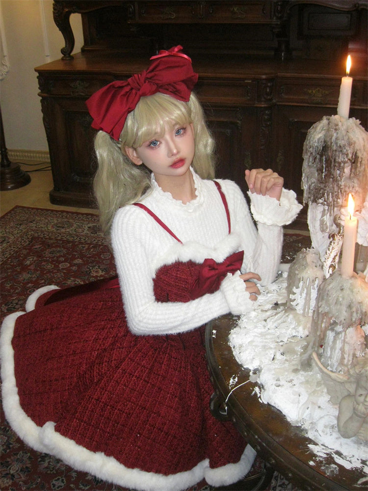 Enticing Jewel Neck Long Sleeve 3-Piece Set Mini Skirt Christmas-Inspired A-Line Fur Trim Bow Red Short Dress AP4083