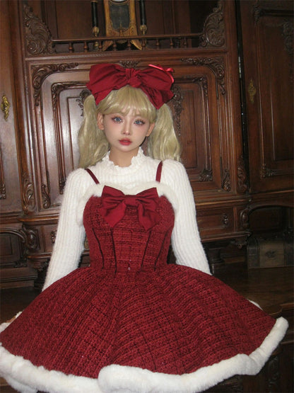 Enticing Jewel Neck Long Sleeve 3-Piece Set Mini Skirt Christmas-Inspired A-Line Fur Trim Bow Red Short Dress AP4083