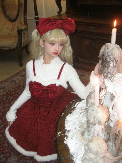 Enticing Jewel Neck Long Sleeve 3-Piece Set Mini Skirt Christmas-Inspired A-Line Fur Trim Bow Red Short Dress AP4083