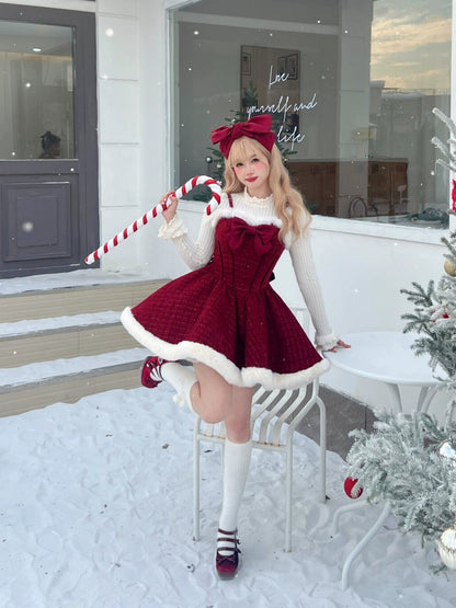 Enticing Jewel Neck Long Sleeve 3-Piece Set Mini Skirt Christmas-Inspired A-Line Fur Trim Bow Red Short Dress AP4083