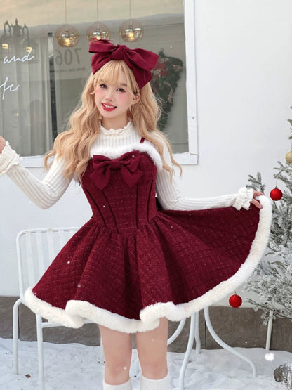 Enticing Jewel Neck Long Sleeve 3-Piece Set Mini Skirt Christmas-Inspired A-Line Fur Trim Bow Red Short Dress AP4083