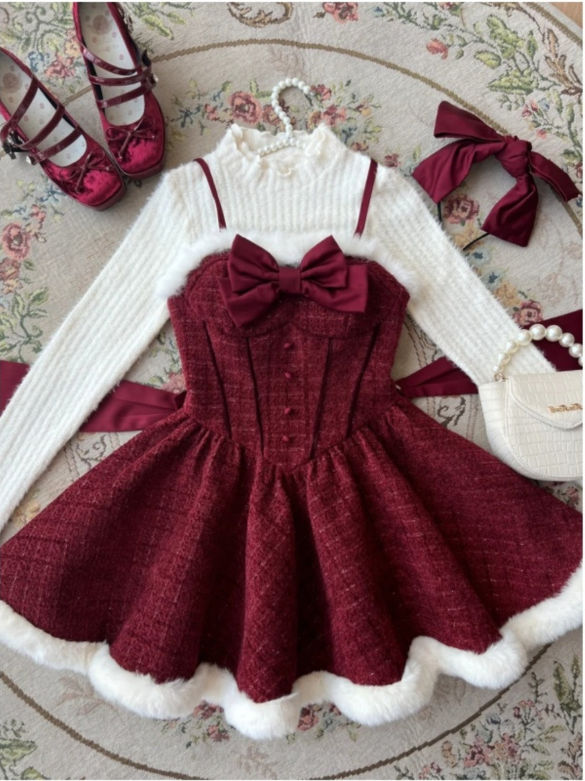 Enticing Jewel Neck Long Sleeve 3-Piece Set Mini Skirt Christmas-Inspired A-Line Fur Trim Bow Red Short Dress AP4083