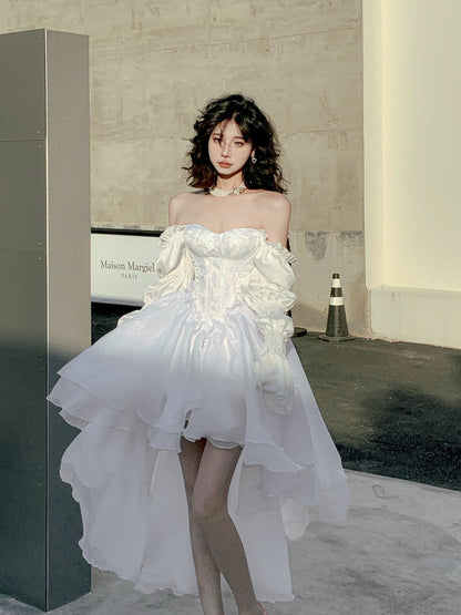 Romantic Off-Shoulder White Maxi Dress Dreamy Long Sleeve A-Line Ruffles Asymmetric Hem Long Dress AP4084