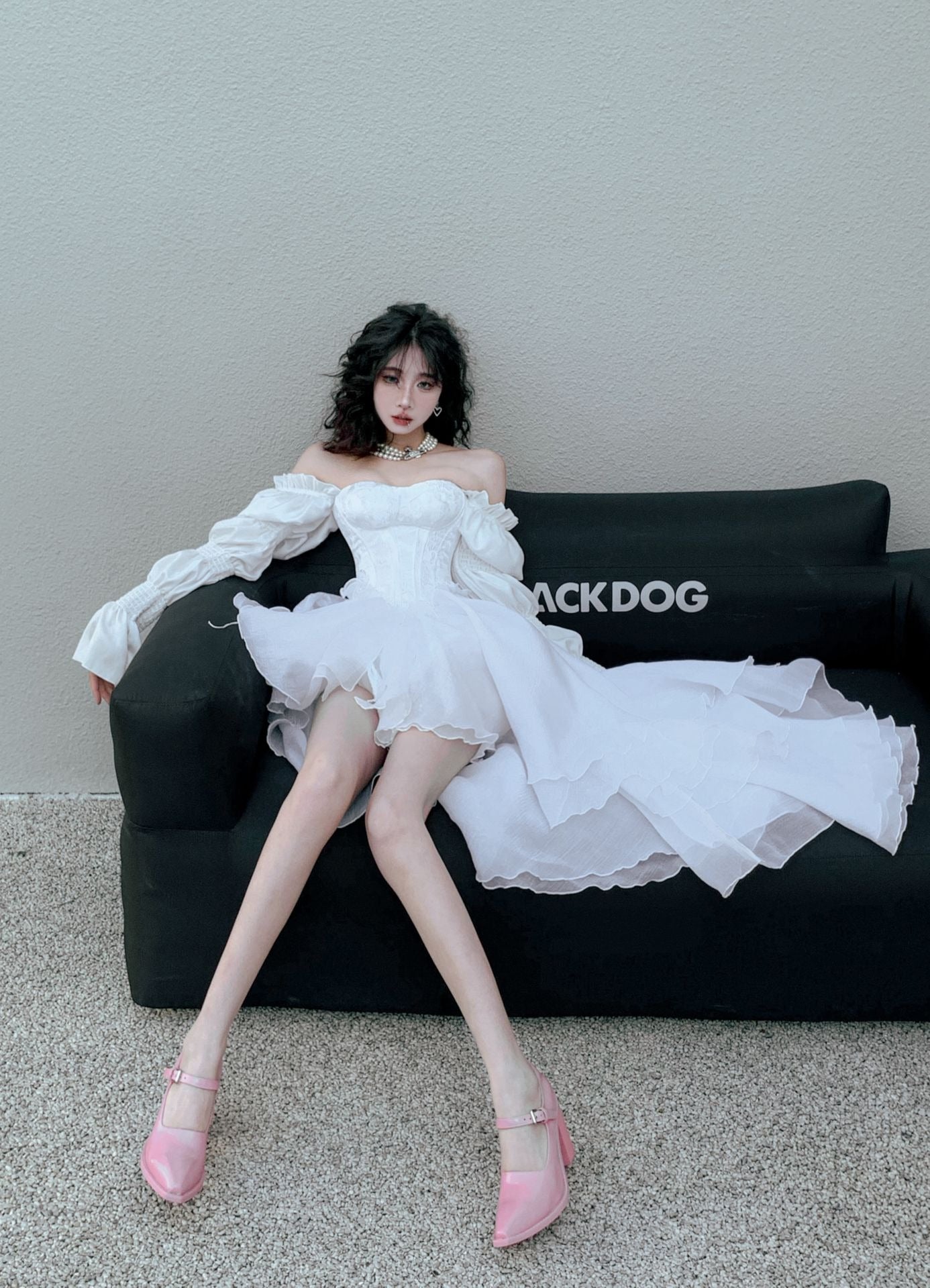 Romantic Off-Shoulder White Maxi Dress Dreamy Long Sleeve A-Line Ruffles Asymmetric Hem Long Dress AP4084