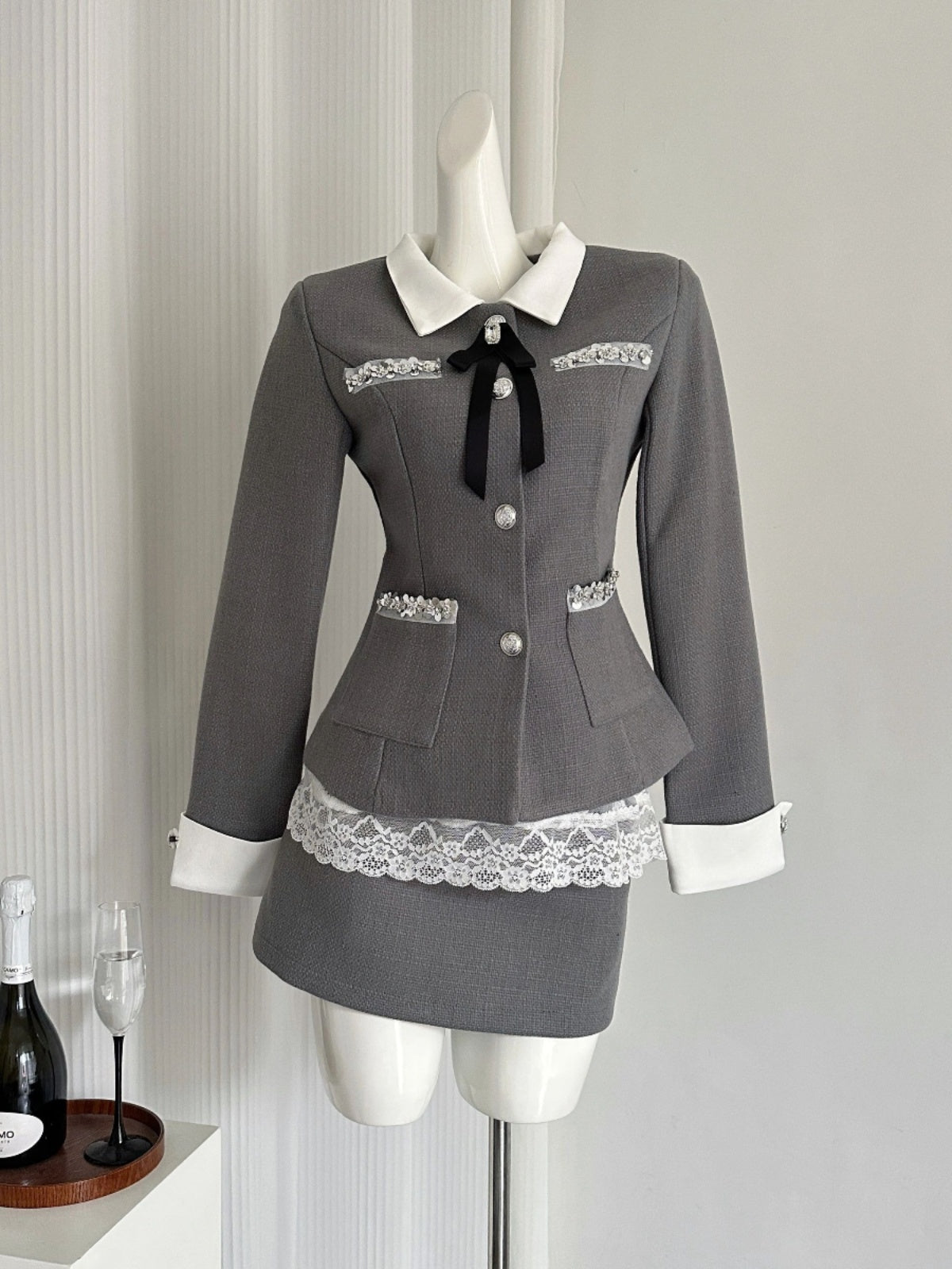 Ornate Long Sleeve 2-Piece Set Lapel Neck Gray Mini Skirt Vogue Sheath Lace Trim Sequins Accent Short Dress AP4085