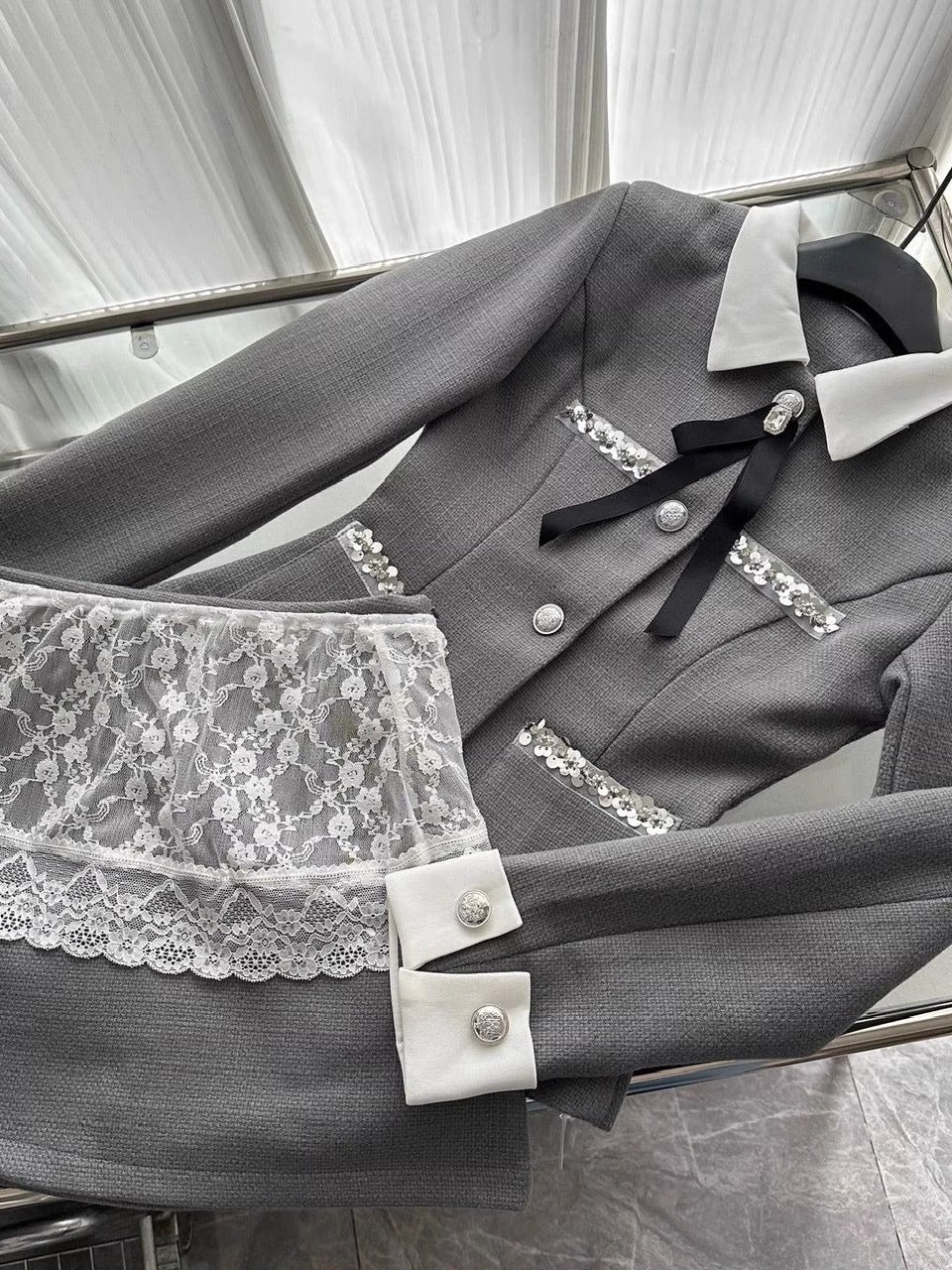 Ornate Long Sleeve 2-Piece Set Lapel Neck Gray Mini Skirt Vogue Sheath Lace Trim Sequins Accent Short Dress AP4085