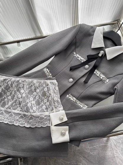 Ornate Long Sleeve 2-Piece Set Lapel Neck Gray Mini Skirt Vogue Sheath Lace Trim Sequins Accent Short Dress AP4085