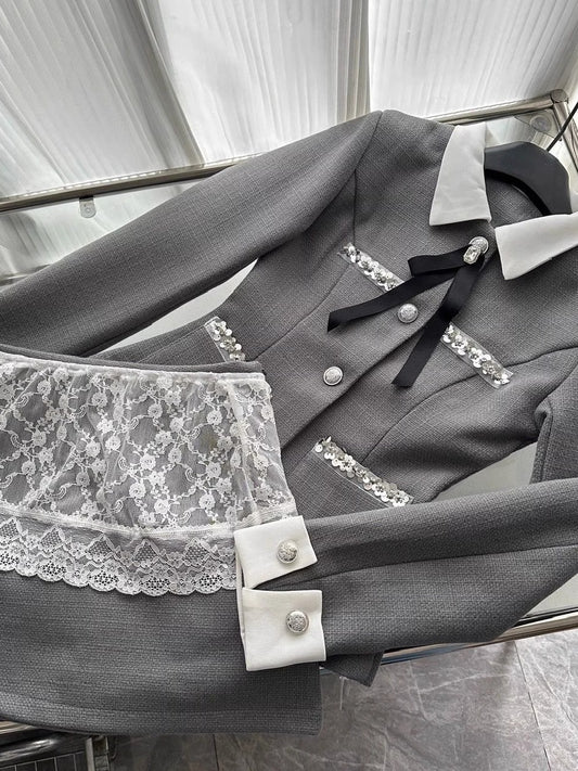 Ornate Long Sleeve 2-Piece Set Lapel Neck Gray Mini Skirt Vogue Sheath Lace Trim Sequins Accent Short Dress AP4085