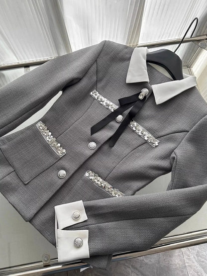 Ornate Long Sleeve 2-Piece Set Lapel Neck Gray Mini Skirt Vogue Sheath Lace Trim Sequins Accent Short Dress AP4085