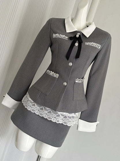 Ornate Long Sleeve 2-Piece Set Lapel Neck Gray Mini Skirt Vogue Sheath Lace Trim Sequins Accent Short Dress AP4085