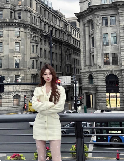 Fabulous Square Neck Long Sleeve Mini Skirt Graceful Sheath 2-Piece Set White Short Dress AP4086