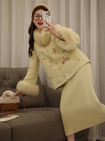 Chic 2-Piece Set Long Sleeve Yellow Midi Dresses Cute Jewel Neck Sheath Embroidered Long Dress AP4087