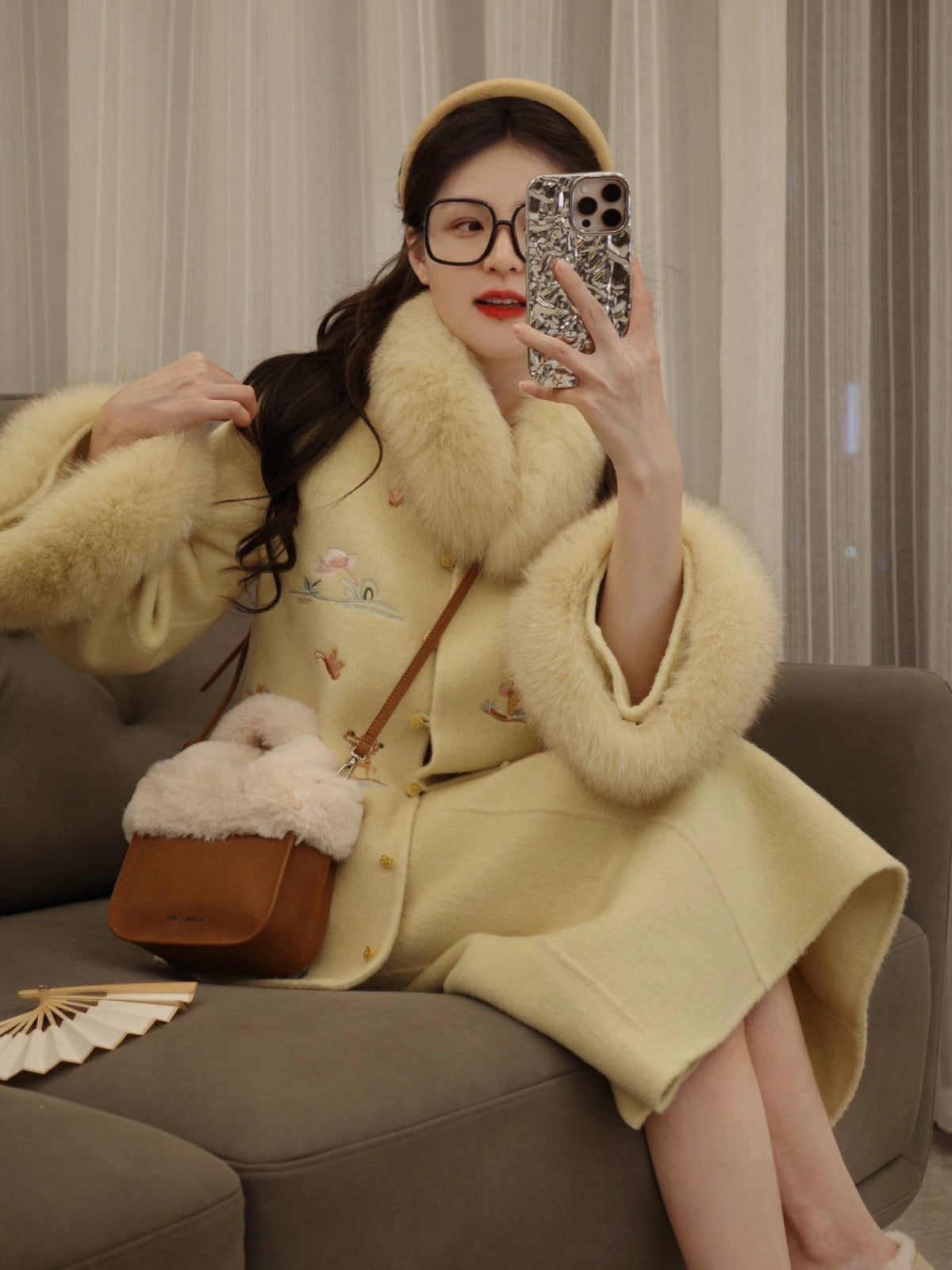 Chic 2-Piece Set Long Sleeve Yellow Midi Dresses Cute Jewel Neck Sheath Embroidered Long Dress AP4087