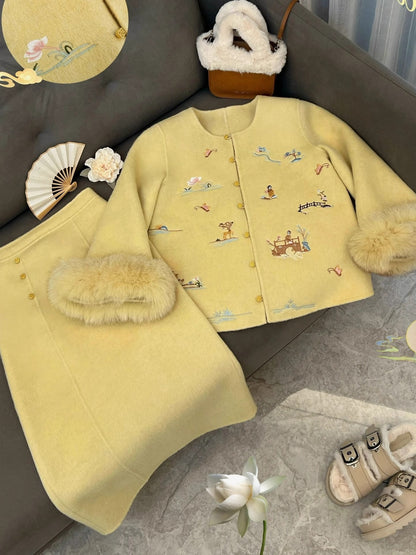 Chic 2-Piece Set Long Sleeve Yellow Midi Dresses Cute Jewel Neck Sheath Embroidered Long Dress AP4087