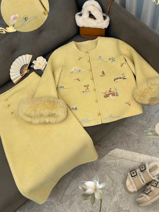 Chic 2-Piece Set Long Sleeve Yellow Midi Dresses Cute Jewel Neck Sheath Embroidered Long Dress AP4087