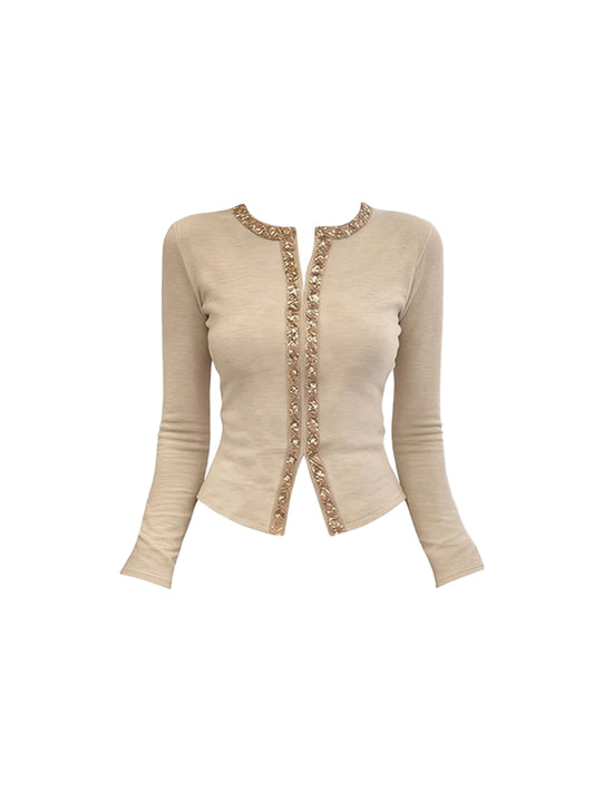 Luxurious Jewel Neck Long Sleeve Mini Skirt Elegant 2-Piece Set Sheath Sequins Accent Short Dress AP4088