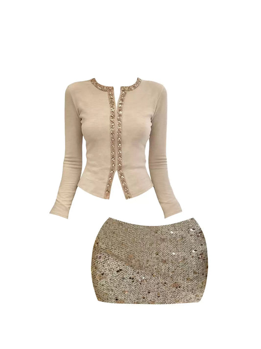 Luxurious Jewel Neck Long Sleeve Mini Skirt Elegant 2-Piece Set Sheath Sequins Accent Short Dress AP4088