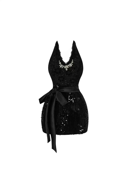 Luxury Bodycon Rhinestone Black Mini Skirt Sexy Sequins Design Halter Short Dress AP4089