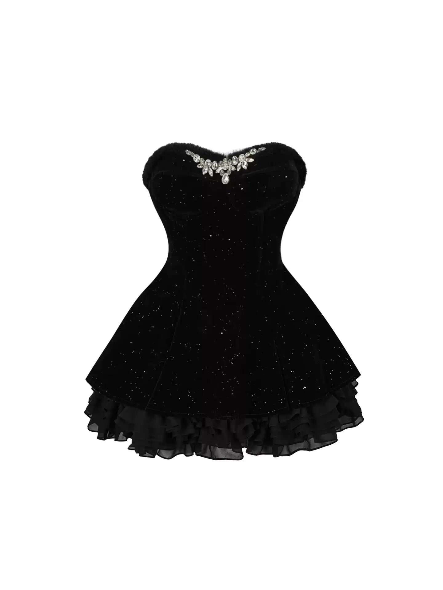 Graceful A-Line Ruffles Hem Black Mini Skirt Alluring Sequins Accent Strapless Rhinestone Short Dress AP4090