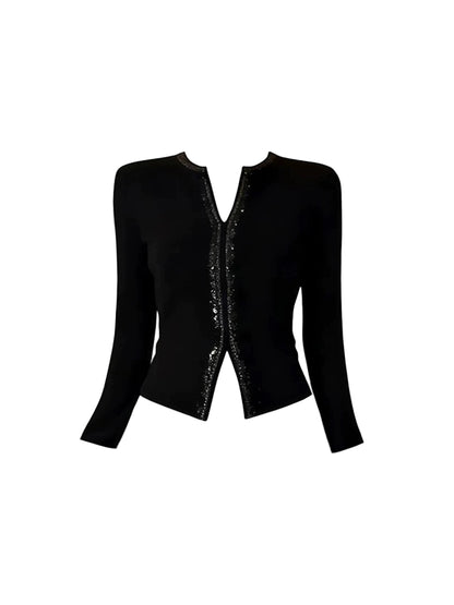 Classical Long Sleeve Sheath Sequins Accent Mini Skirt Refined 2-Piece Set Jewel Neck Short Dress AP4092