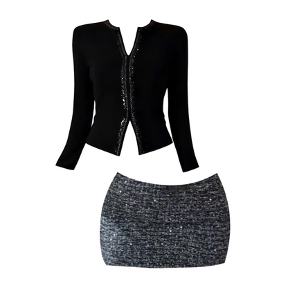 Classical Long Sleeve Sheath Sequins Accent Mini Skirt Refined 2-Piece Set Jewel Neck Short Dress AP4092