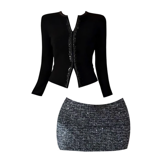 Classical Long Sleeve Sheath Sequins Accent Mini Skirt Refined 2-Piece Set Jewel Neck Short Dress AP4092