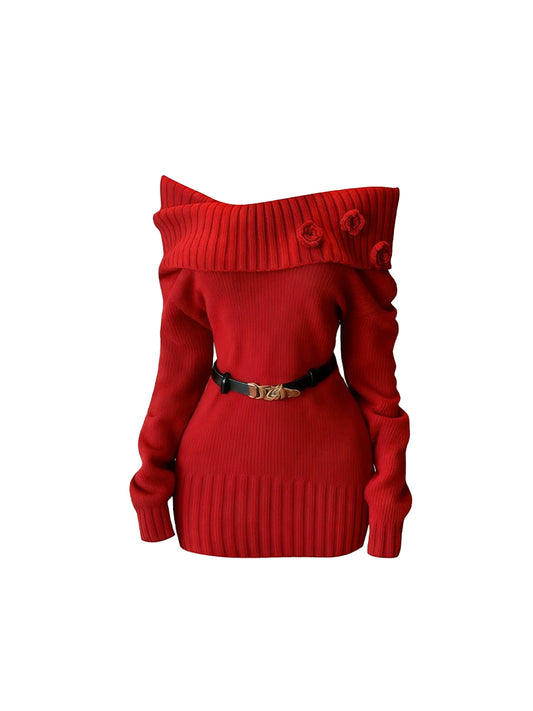 Sweet Off-Shoulder Long Sleeve Ribbed Mini Skirt Charming Sheath Red 3D Floral Short Dress AP4094