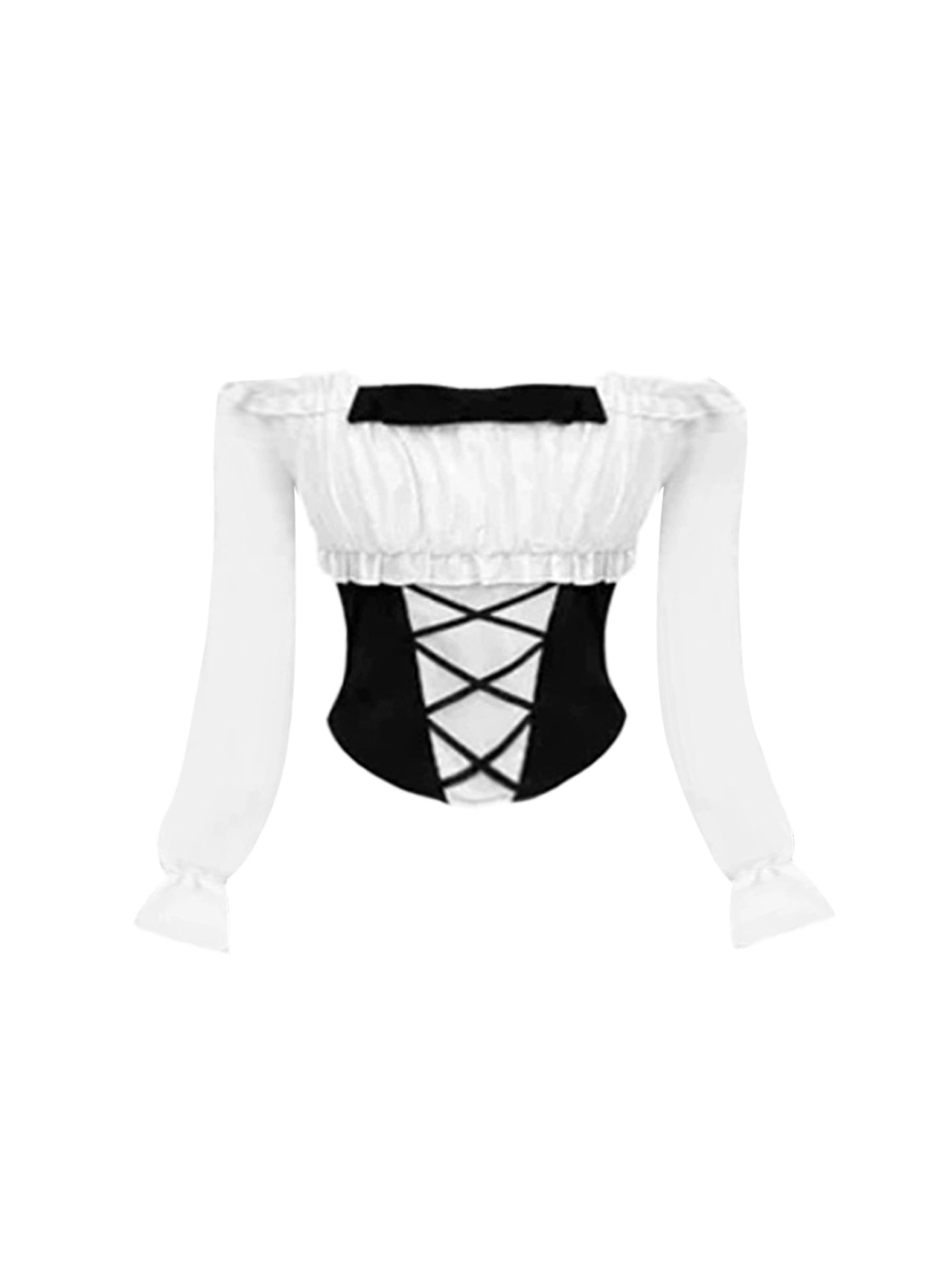 Cute Off-Shoulder Long Sleeve 2-Piece Set Mini Skirt Gothic-Style A-Line Cinched-Waist Bodice Tiered Short Dress AP4095