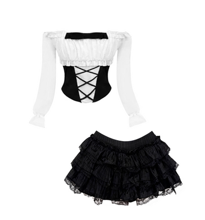 Cute Off-Shoulder Long Sleeve 2-Piece Set Mini Skirt Gothic-Style A-Line Cinched-Waist Bodice Tiered Short Dress AP4095