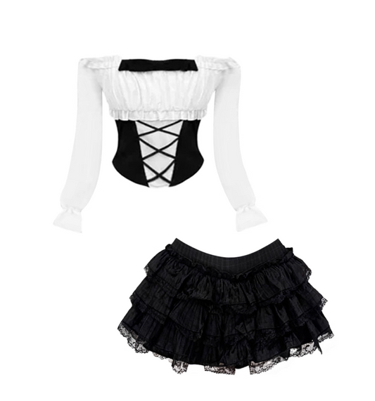 Cute Off-Shoulder Long Sleeve 2-Piece Set Mini Skirt Gothic-Style A-Line Cinched-Waist Bodice Tiered Short Dress AP4095