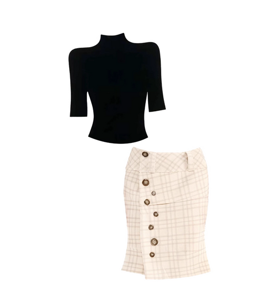 Ethereal Long Sleeve 2-Piece Set Midi Dresses Graceful  High Collar Black Blouse Plaid Sheath Long Dress AP4099