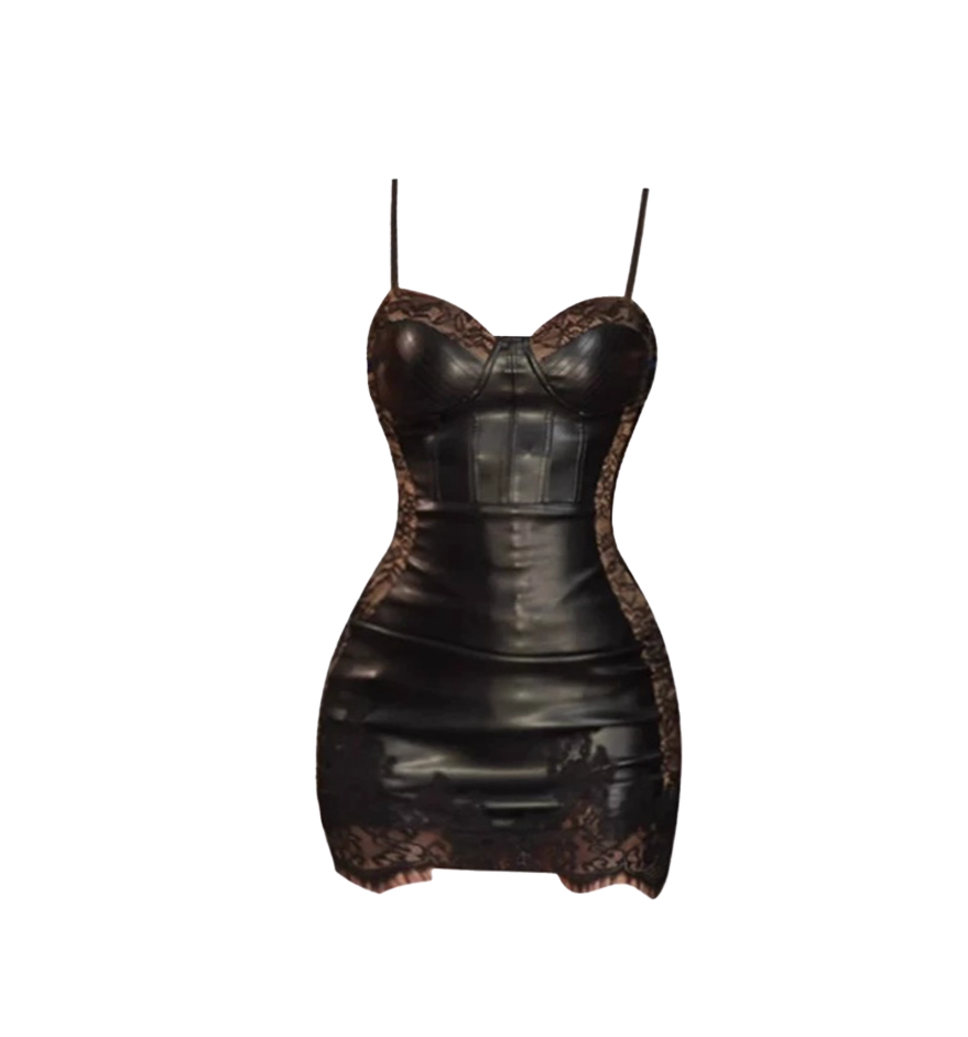 Alluring Lace Splicing Spaghetti Strap Mini Skirt Hottie Leather Bodycon Short Dress AP4100