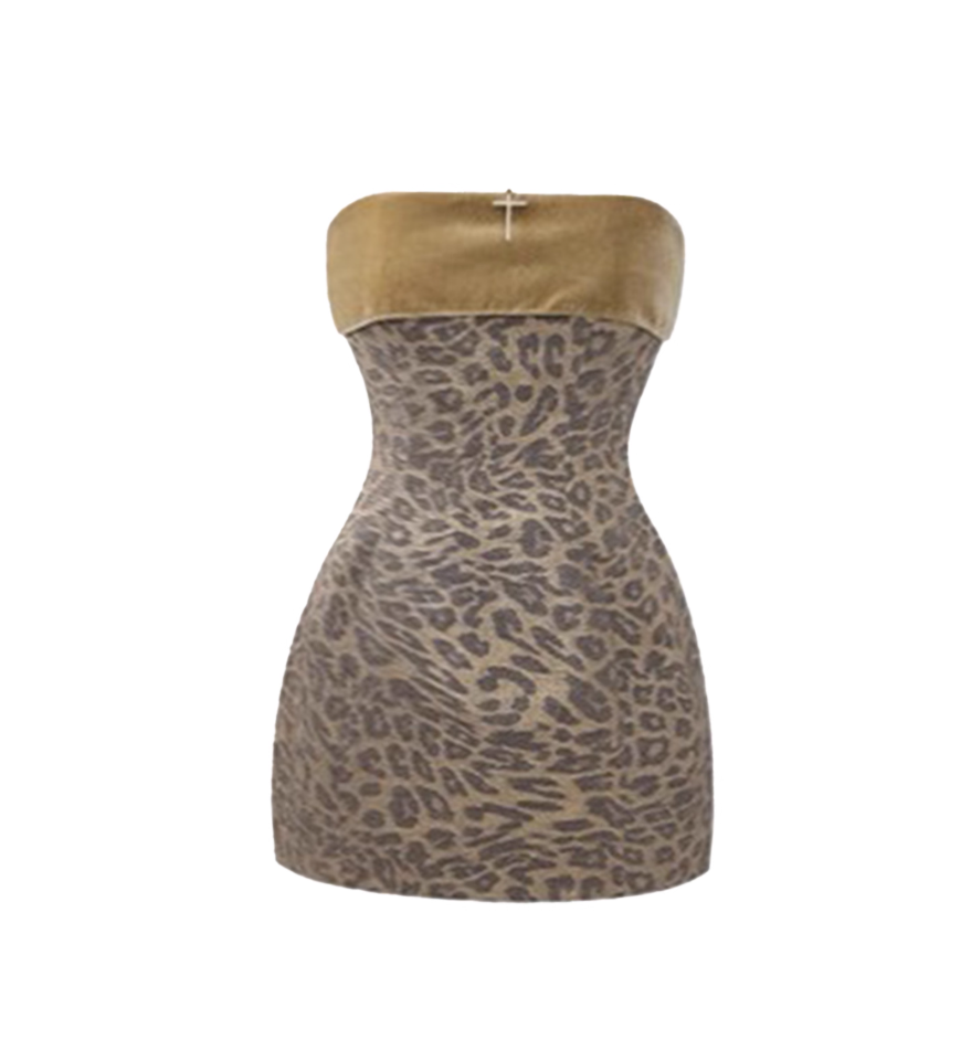 Stunning Sheath Party Outfit Mini Skirt Vintage Strapless Leopard Short Dress AP4105