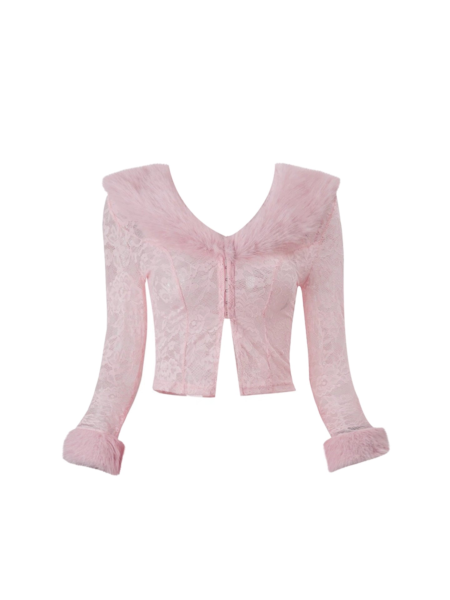 Unique V Neck Long Sleeve 2-Piece Set Mini Skirt Adorable Fur Trim Sheath Pink Draped Short Dress AP4107