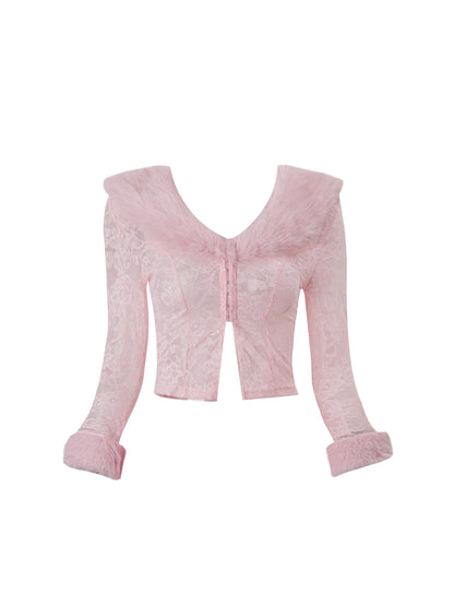 Unique V Neck Long Sleeve 2-Piece Set Mini Skirt Adorable Fur Trim Sheath Pink Draped Short Dress AP4107