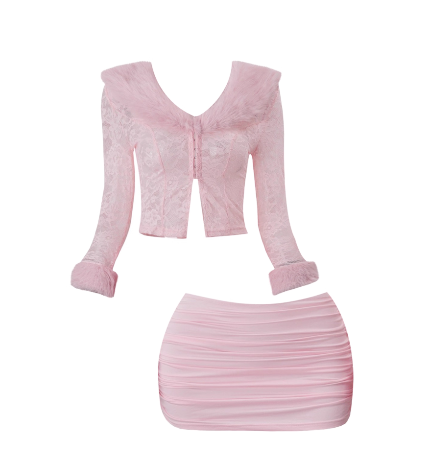 Unique V Neck Long Sleeve 2-Piece Set Mini Skirt Adorable Fur Trim Sheath Pink Draped Short Dress AP4107