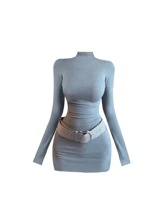 Fashionable Long Sleeve High Collar Mini Skirt Simple Elastic Sheath Short Dress AP4108