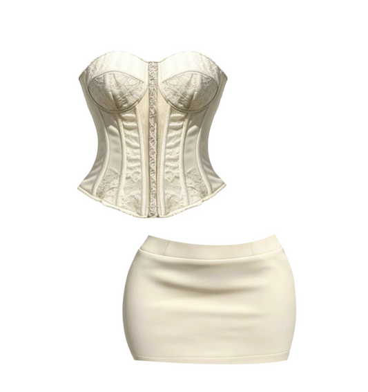 Simple Sheath 2-Piece Set Party Outfit Mini Skirt Charming Strapless Cinched-Waist Short Dress AP4111