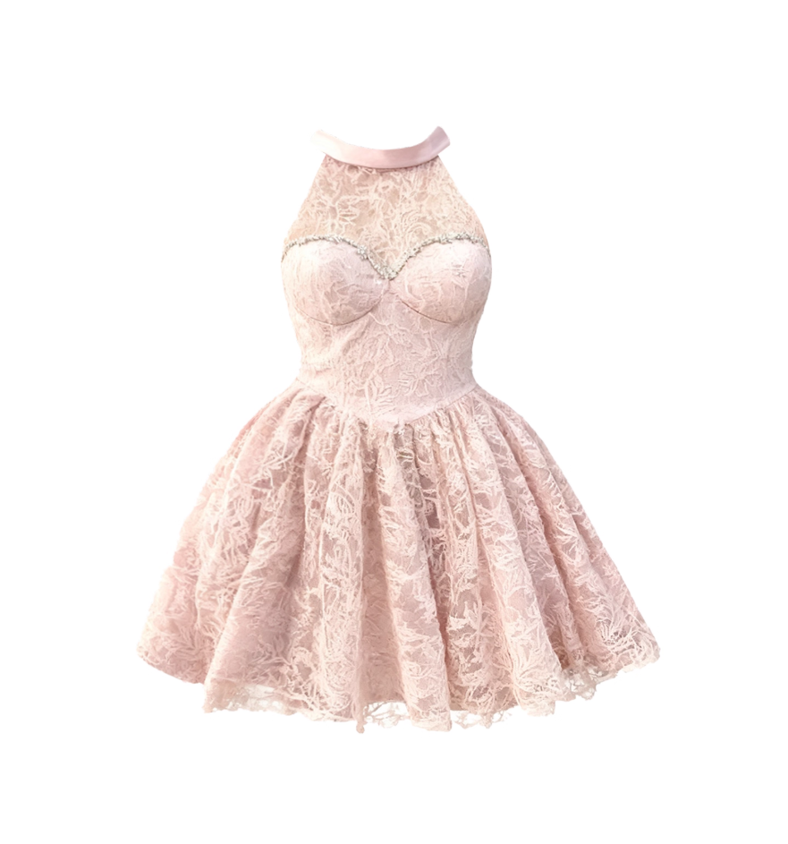 Flowy A-Line Splicing Lace Mini Skirt Adorable Cinched-Waist Beaded Halter Short Dress AP4114