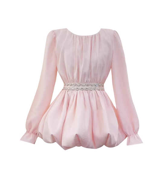 Sparkly Jewel Neck Long Sleeve Pink Mini Skirt Sweet A-Line Beaded Cinched-Waist Short Dress AP4115