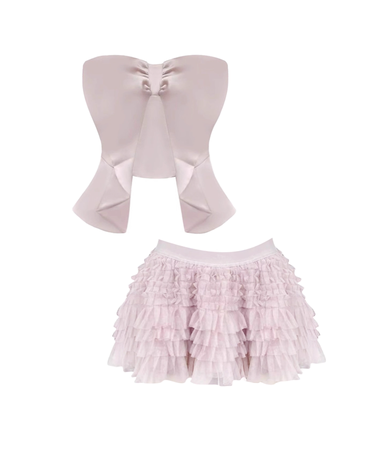 Adorable 2-Piece Set A-Line Ruffles Trim Mini Skirt Romantic Strapless Tiered Tulle Short Dress AP4116