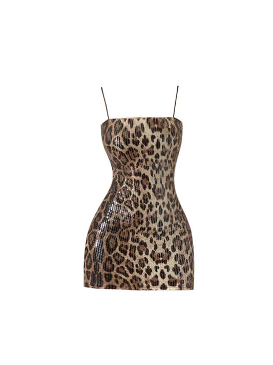 Playful Spaghetti Strap Leopard Mini Skirt Alluring Bodycon Sequins Design Short Dress AP4117
