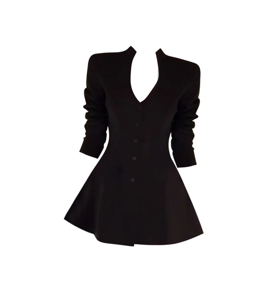 Stylish Long Sleeve V Neck Black Mini Skirt Sexy A-Line Cinched-Waist Everyday Wear Short Dress AP4118