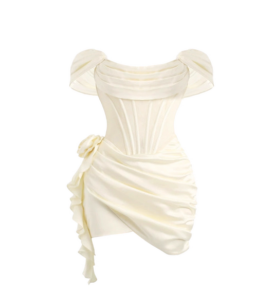 Fitted Sheath Handmade Flower Accent Mini Skirt Simple Off-Shoulder Asymmetric Hem Pleated Short Dress AP4119