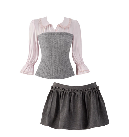 Flattering Long Sleeve 2-Piece Set Lapel Neck  Mini Skirt Everyday Wear Knitted A-Line Ruffles Trim Short Dress AP4120