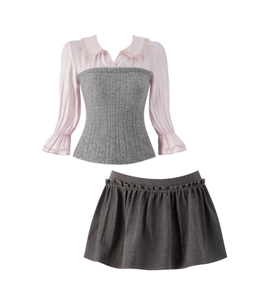 Flattering Long Sleeve 2-Piece Set Lapel Neck  Mini Skirt Everyday Wear Knitted A-Line Ruffles Trim Short Dress AP4120